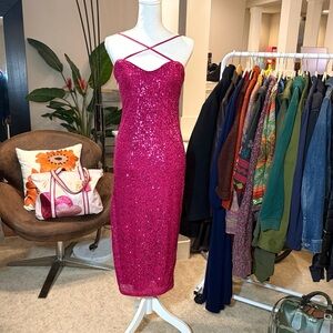 REVOLVE MAJORELLE MIDI BODYCON DRESS HOT PINK SEQUINS CONVERTIBLE $218 NWT SZ M
